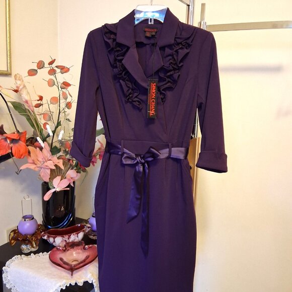 NWT Simon Chang Women's Well Tailored ¾ Sleeve Purple Midi Dress Tag Size 4 S - Picture 9 of 10